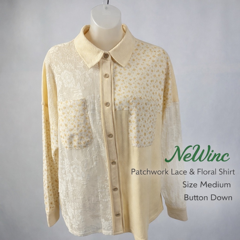 Newinc Patchwork Lace Floral Button Down Shirt NWT - image 1